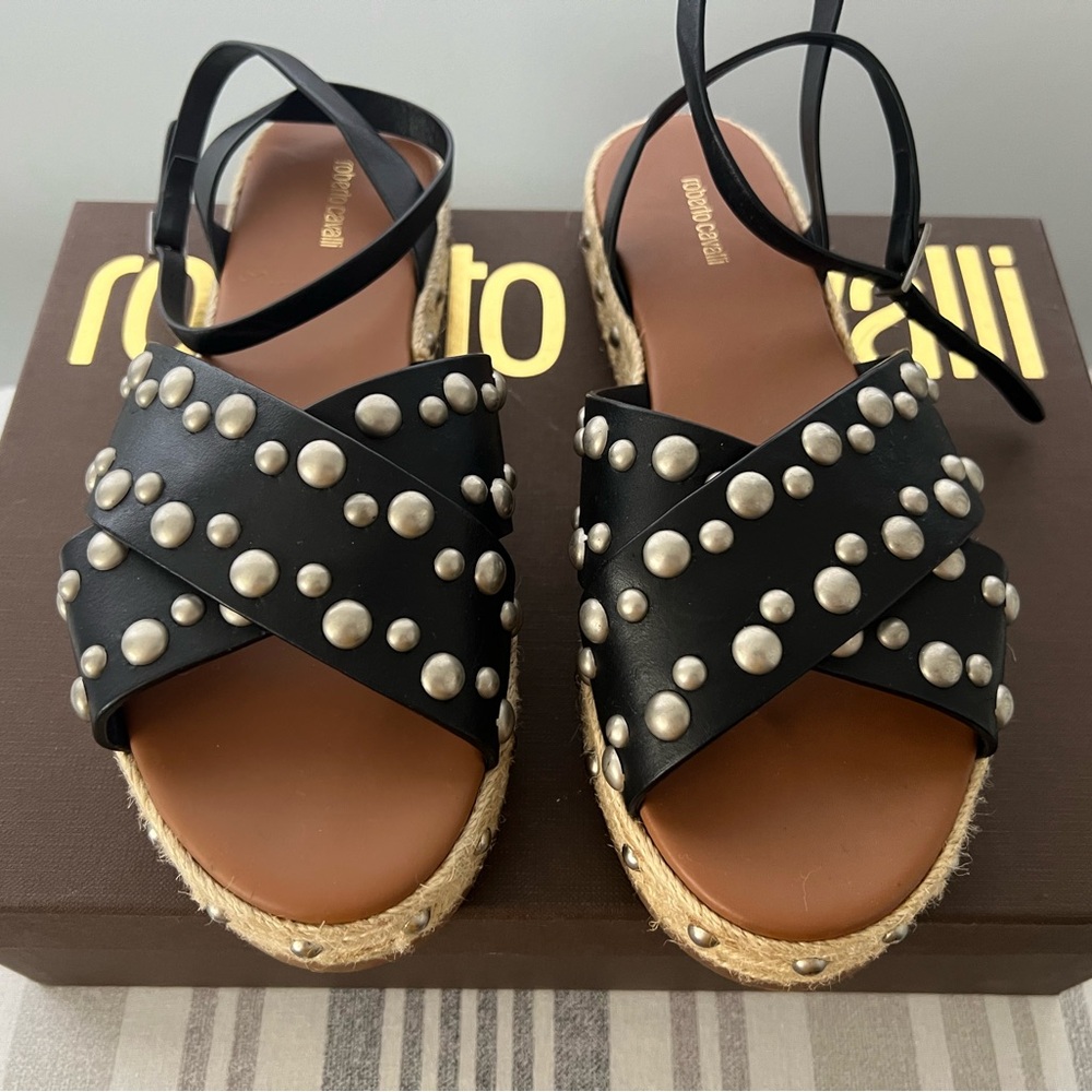 Roberto Cavalli Leather Studded Espadrilles Sandals